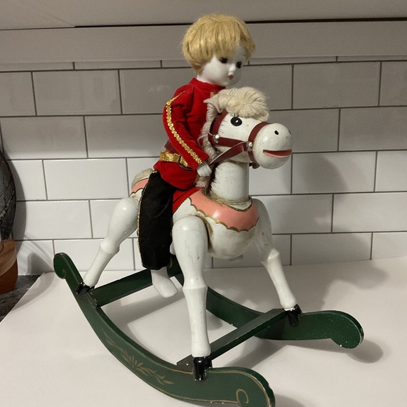 VTG Enesco 1981 Vintage Porcelain Boy Soldier Doll Musical Wooden Rocking Horse - Picture 1 of 13